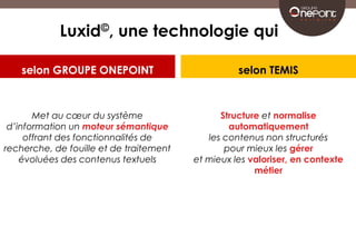 Luxid©, une technologie qui 
selon GROUPE ONEPOINT 
Met au coeur du système 
d’information un moteur sémantique 
offrant des fonctionnalités de 
recherche, de fouille et de traitement 
évoluées des contenus textuels 
selon TEMIS 
Structure et normalise 
automatiquement 
les contenus non structurés 
pour mieux les gérer 
et mieux les valoriser, en contexte 
métier 
 