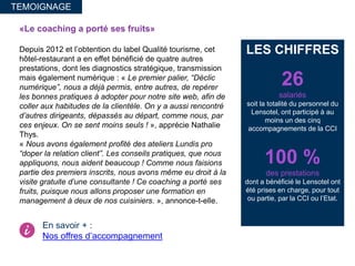 «Le coaching a porté ses fruits»
Depuis 2012 et l’obtention du label Qualité tourisme, cet
hôtel-restaurant a en effet bénéficié de quatre autres
prestations, dont les diagnostics stratégique, transmission
mais également numérique : « Le premier palier, “Déclic
numérique”, nous a déjà permis, entre autres, de repérer
les bonnes pratiques à adopter pour notre site web, afin de
coller aux habitudes de la clientèle. On y a aussi rencontré
d’autres dirigeants, dépassés au départ, comme nous, par
ces enjeux. On se sent moins seuls ! », apprécie Nathalie
Thys.
« Nous avons également profité des ateliers Lundis pro
“doper la relation client”. Les conseils pratiques, que nous
appliquons, nous aident beaucoup ! Comme nous faisions
partie des premiers inscrits, nous avons même eu droit à la
visite gratuite d’une consultante ! Ce coaching a porté ses
fruits, puisque nous allons proposer une formation en
management à deux de nos cuisiniers. », annonce-t-elle.
TEMOIGNAGE
LES CHIFFRES
26
salariés
soit la totalité du personnel du
Lensotel, ont participé à au
moins un des cinq
accompagnements de la CCI
100 %
des prestations
dont a bénéficié le Lensotel ont
été prises en charge, pour tout
ou partie, par la CCI ou l’Etat.
En savoir + :
Nos offres d’accompagnement
 