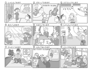 しゃしん／みます      ギター／*ひきます             エアコン／けします
                   *ひきます= to play




まど／しめます       たばこ／すいます              しゃしん／とります




テレビ／つけます      ふろ／*はいります             ここ／すわります
           *はいります= to bathe
 