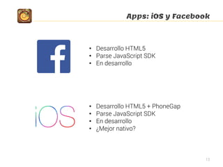 Apps: iOS y Facebook
13
•  Desarrollo HTML5
•  Parse JavaScript SDK
•  En desarrollo
•  Desarrollo HTML5 + PhoneGap
•  Parse JavaScript SDK
•  En desarrollo
•  ¿Mejor nativo?
 