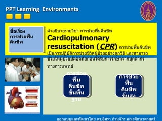 PPT Learning  Environments ออกแบบและพัฒนาโดย ดร . อิศรา ก้านจักร คณะศึกษาศาสตร์ ม . ขอนแก่น ชื่อเรื่อง การช่วยฟื้นคืนชีพ คำอธิบายรายวิชา การช่วยฟื้นคืนชีพ  Cardiopulmonary resuscitation ( CPR )   การช่วยฟื้นคืนชีพเป็นการปฏิบัติการช่วยชีวิตผู้ป่วยอย่างถูกวิธี และสามารถช่วยให้ผู้ป่วยปลอดภัยก่อนได้รับการรักษาจากบุคลากรทางการแพทย์   การช่วยฟื้นคืนชีพขั้นพื้นฐาน การช่วยฟื้นคืนชีพขั้นสูง 
