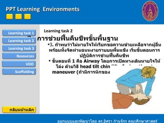 Learning task 2 ชื่อ การช่วยฟื้นคืนชีพขั้นพื้นฐาน 3 .  ถ้าพบว่าไม่หายใจให้เรียกขอความช่วยเหลือจากผู้อื่น พร้อมทั้งจัดท่านอนหงายราบบนพื้นแข็ง เริ่มขั้นตอนการปฏิบัติการช่วยฟื้นคืนชีพ ขั้นตอนที่  1  คือ  Airway  โดยการเปิดทางเดินหายใจให้โล่ง ด้วยวิธี  head tilt chin lift  หรือ  jaw thrust maneuver ( ถ้ามีการหักของกระดูกสันหลังส่วนคอ )   ออกแบบและพัฒนาโดย ดร . อิศรา ก้านจักร คณะศึกษาศาสตร์ ม . ขอนแก่น PPT Learning  Environments Learning task 1 Resources Learning task 2 Learning task 3 VDO Scaffolding กลับหน้าหลัก 