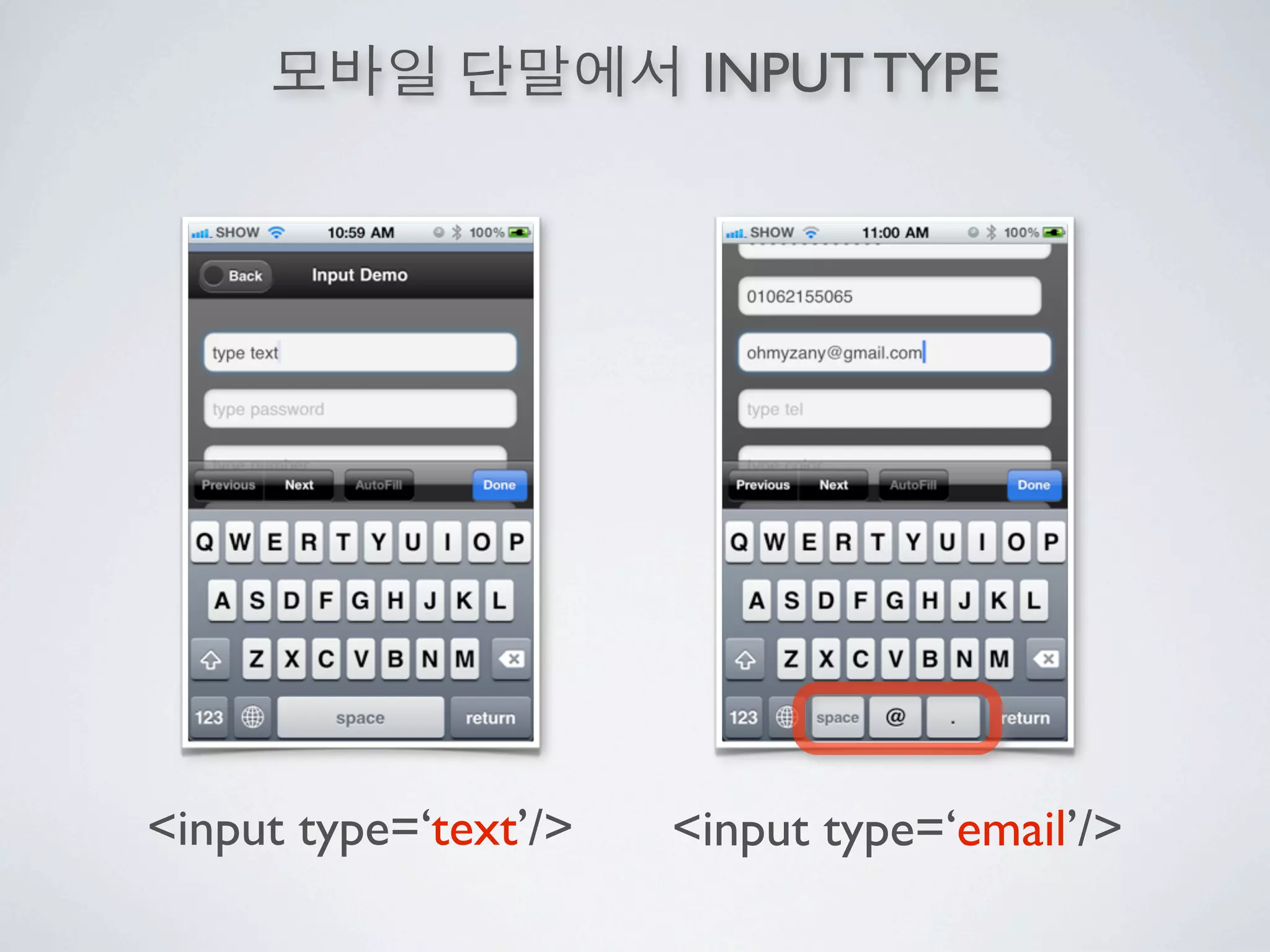 INPUT TYPE




<input type=‘text’/>   <input type=‘email’/>
 
