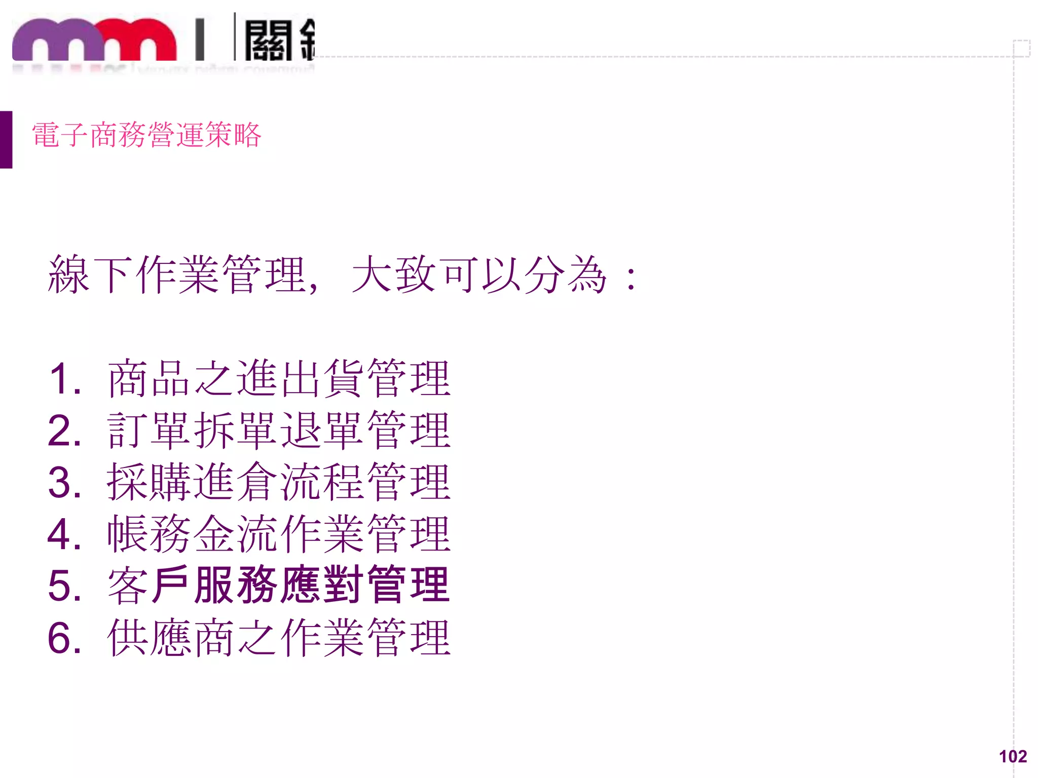 102
電子商務營運策略
線下作業管理，大致可以分為：
1. 商品之進出貨管理
2. 訂單拆單退單管理
3. 採購進倉流程管理
4. 帳務金流作業管理
5. 客戶服務應對管理
6. 供應商之作業管理
 
