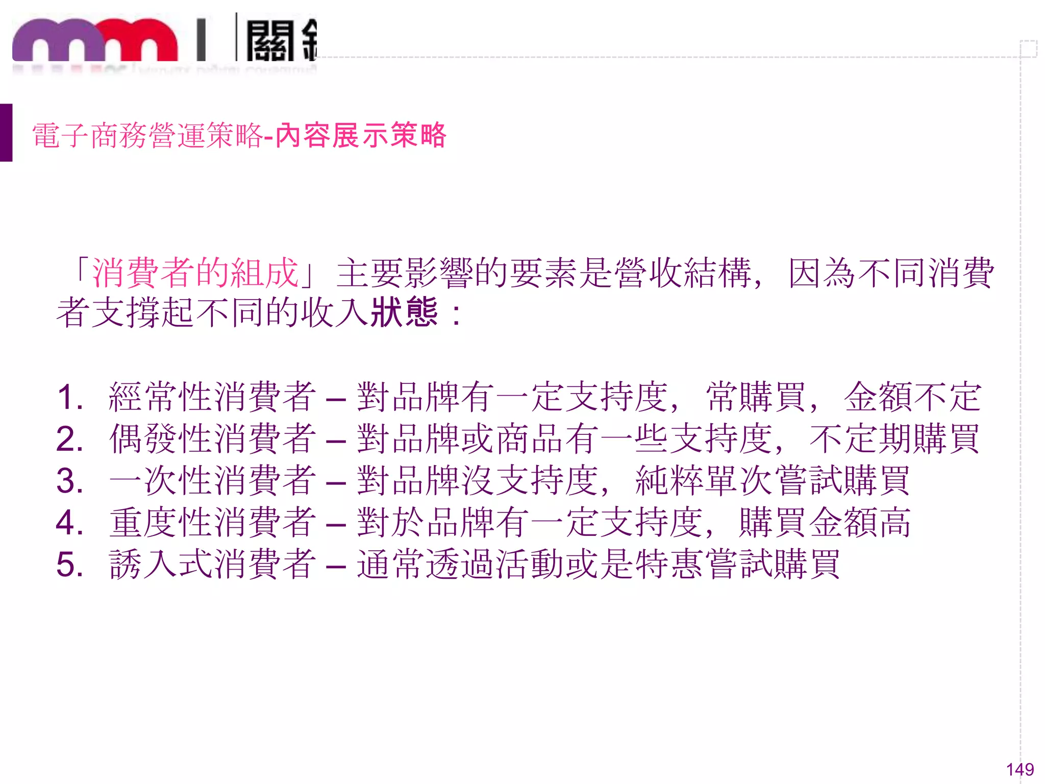 149
電子商務營運策略-內容展示策略
「消費者的組成」主要影響的要素是營收結構，因為不同消費
者支撐起不同的收入狀態：
1. 經常性消費者 – 對品牌有一定支持度，常購買，金額不定
2. 偶發性消費者 – 對品牌或商品有一些支持度，不定期購買
3. 一次性消費者 – 對品牌沒支持度，純粹單次嘗試購買
4. 重度性消費者 – 對於品牌有一定支持度，購買金額高
5. 誘入式消費者 – 通常透過活動或是特惠嘗試購買
 