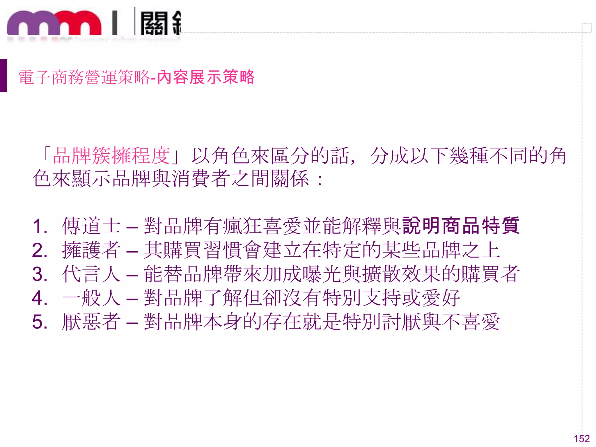 152
電子商務營運策略-內容展示策略
「品牌簇擁程度」以角色來區分的話，分成以下幾種不同的角
色來顯示品牌與消費者之間關係：
1. 傳道士 – 對品牌有瘋狂喜愛並能解釋與說明商品特質
2. 擁護者 – 其購買習慣會建立在特定的某些品牌之上
3. 代言人 – 能替品牌帶來加成曝光與擴散效果的購買者
4. 一般人 – 對品牌了解但卻沒有特別支持或愛好
5. 厭惡者 – 對品牌本身的存在就是特別討厭與不喜愛
 