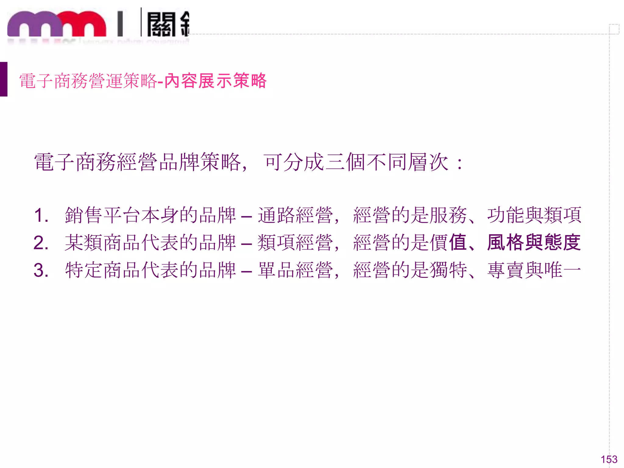 153
電子商務營運策略-內容展示策略
電子商務經營品牌策略，可分成三個不同層次：
1. 銷售平台本身的品牌 – 通路經營，經營的是服務、功能與類項
2. 某類商品代表的品牌 – 類項經營，經營的是價值、風格與態度
3. 特定商品代表的品牌 – 單品經營，經營的是獨特、專賣與唯一
 