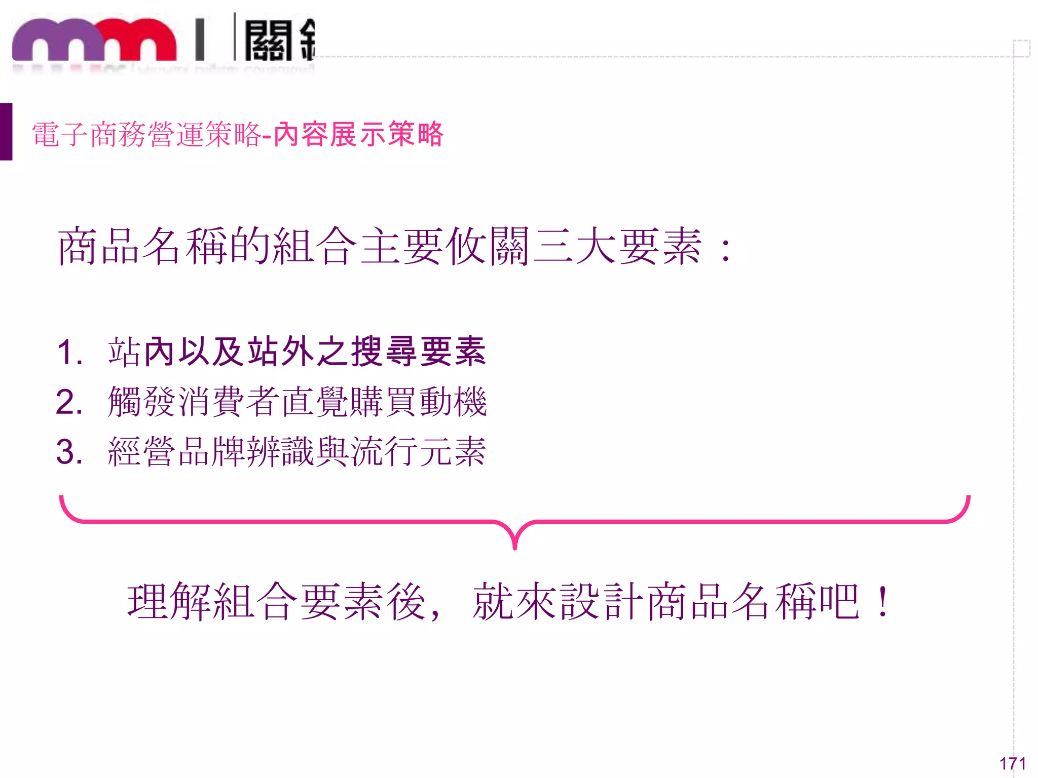 171
電子商務營運策略-內容展示策略
商品名稱的組合主要攸關三大要素：
1. 站內以及站外之搜尋要素
2. 觸發消費者直覺購買動機
3. 經營品牌辨識與流行元素
理解組合要素後，就來設計商品名稱吧！
 