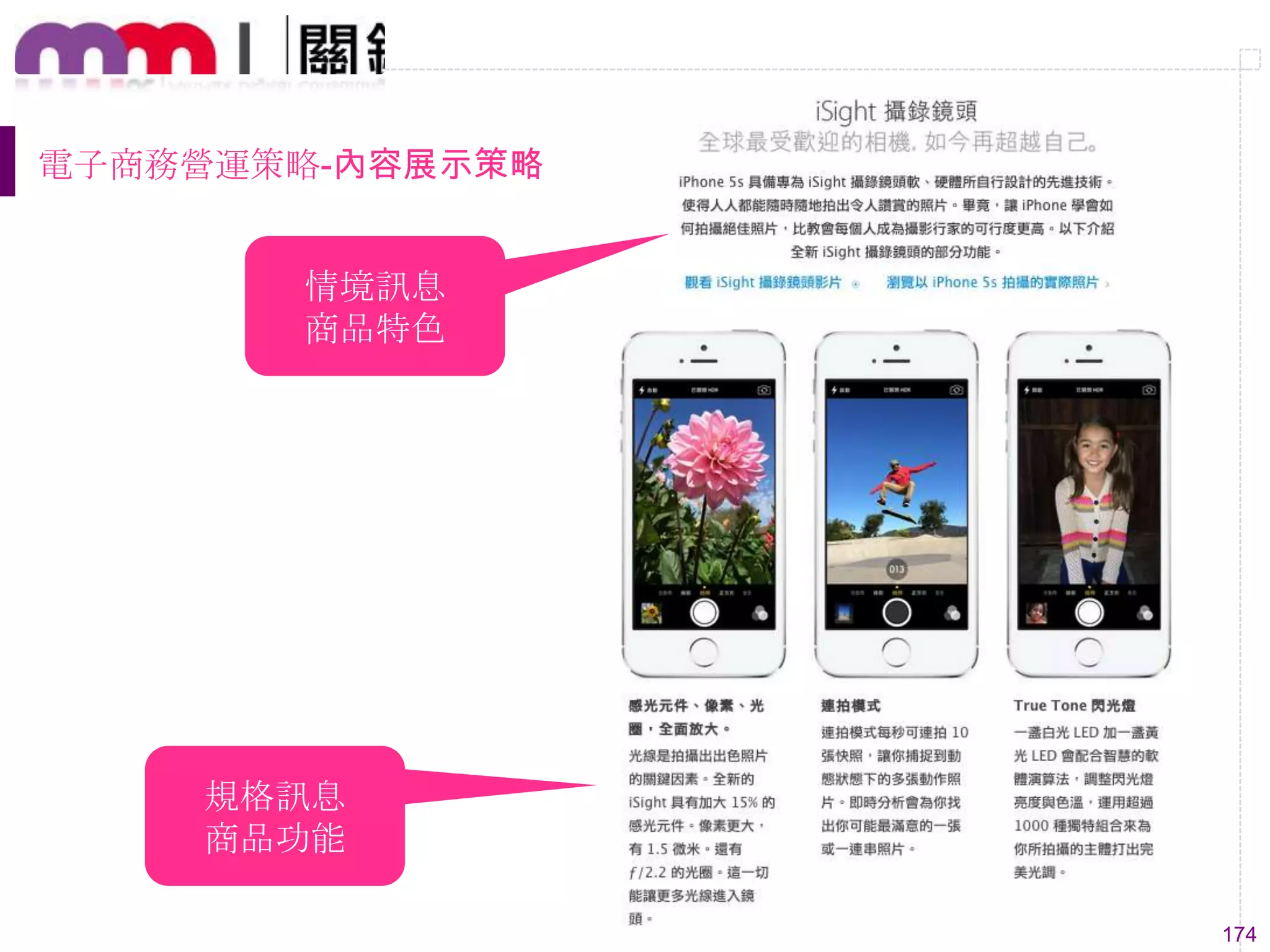 174
電子商務營運策略-內容展示策略
情境訊息
商品特色
規格訊息
商品功能
 