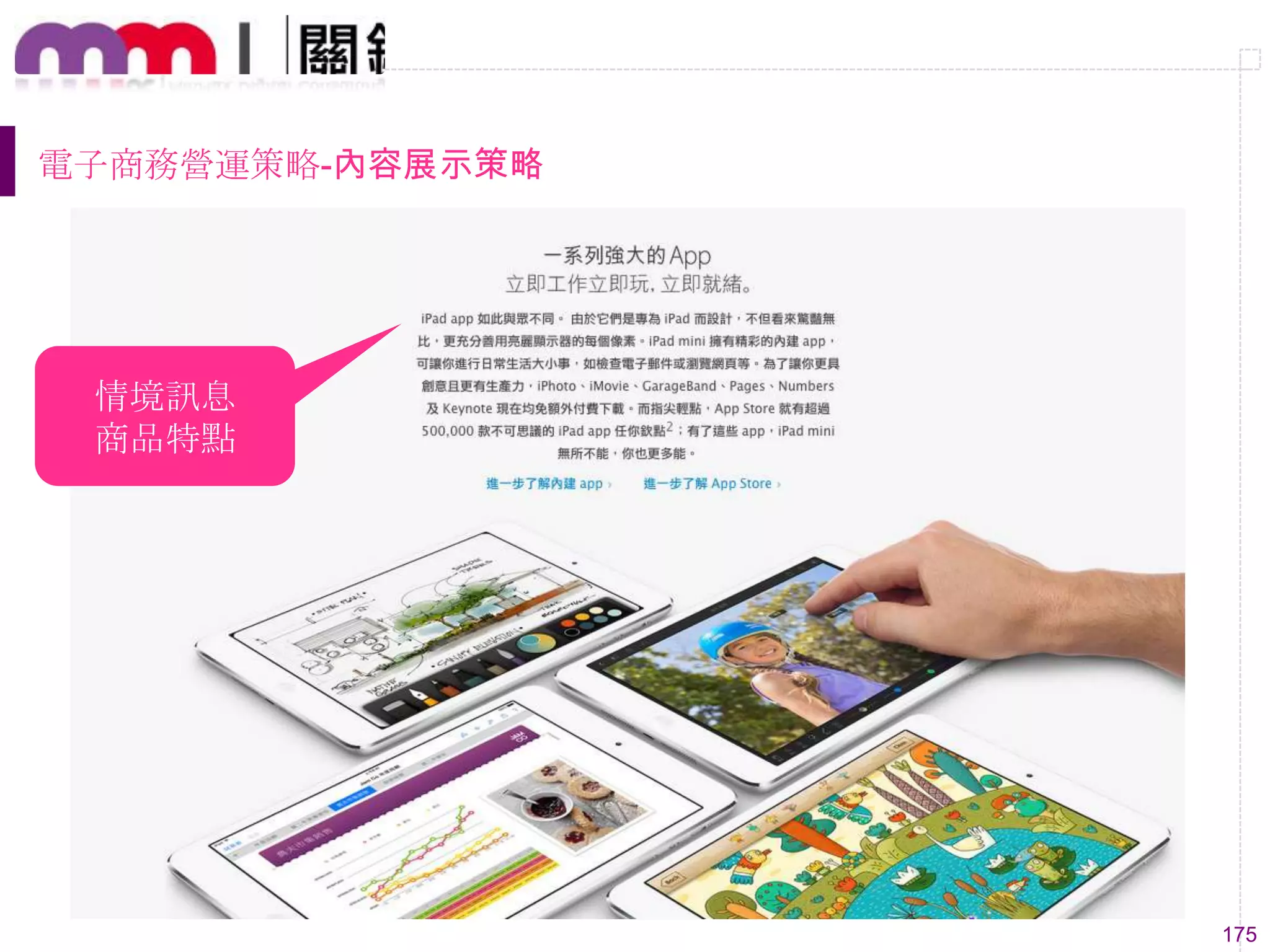 175
電子商務營運策略-內容展示策略
情境訊息
商品特點
 