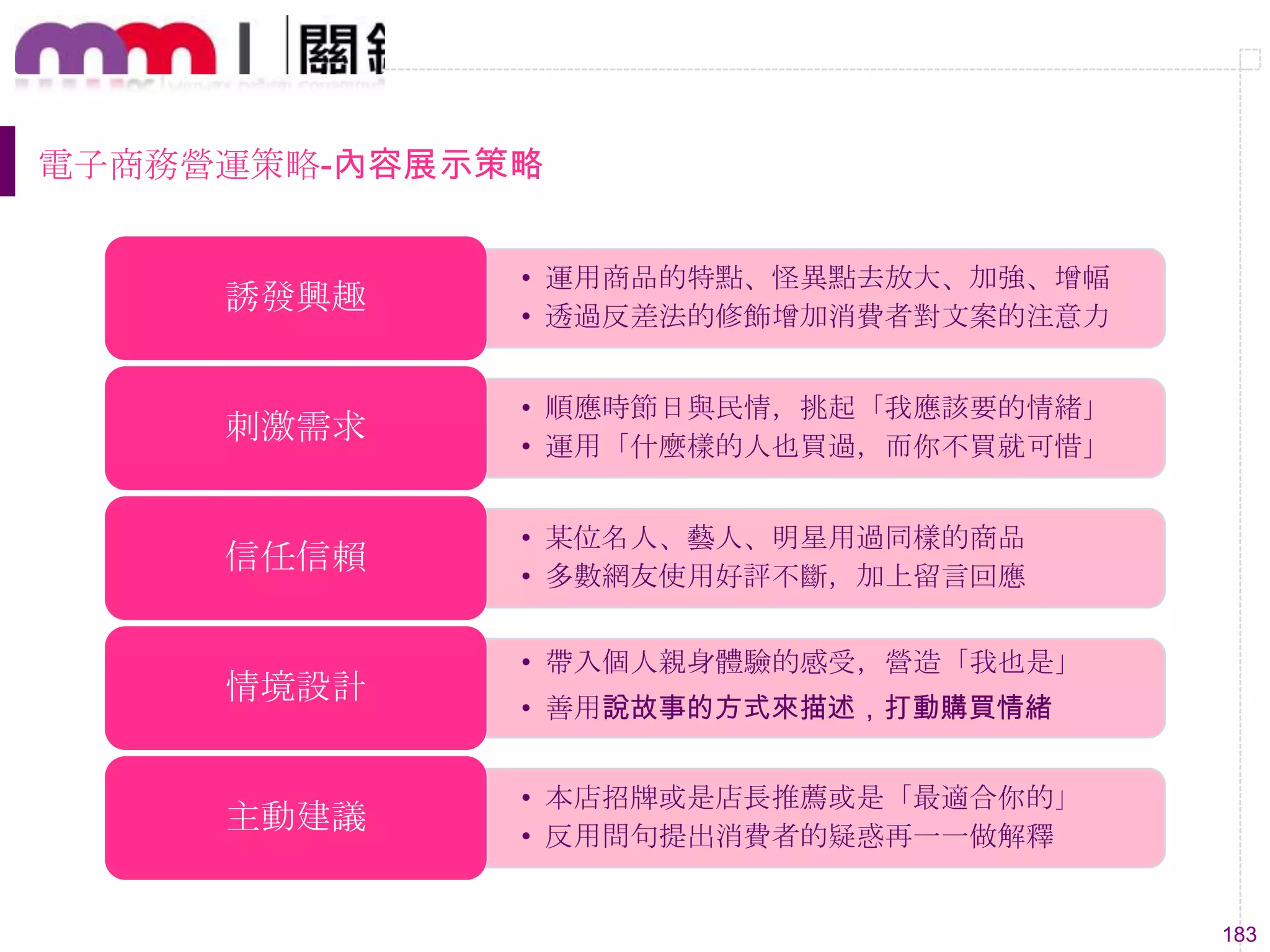 183
電子商務營運策略-內容展示策略
• 運用商品的特點、怪異點去放大、加強、增幅
• 透過反差法的修飾增加消費者對文案的注意力
誘發興趣
• 順應時節日與民情，挑起「我應該要的情緒」
• 運用「什麼樣的人也買過，而你不買就可惜」
刺激需求
• 某位名人、藝人、明星用過同樣的商品
• 多數網友使用好評不斷，加上留言回應
信任信賴
• 帶入個人親身體驗的感受，營造「我也是」
• 善用說故事的方式來描述，打動購買情緒
情境設計
• 本店招牌或是店長推薦或是「最適合你的」
• 反用問句提出消費者的疑惑再一一做解釋
主動建議
 