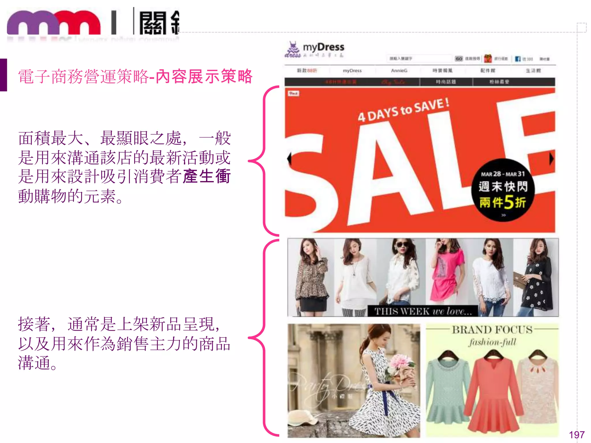 197
電子商務營運策略-內容展示策略
面積最大、最顯眼之處，一般
是用來溝通該店的最新活動或
是用來設計吸引消費者產生衝
動購物的元素。
接著，通常是上架新品呈現，
以及用來作為銷售主力的商品
溝通。
 