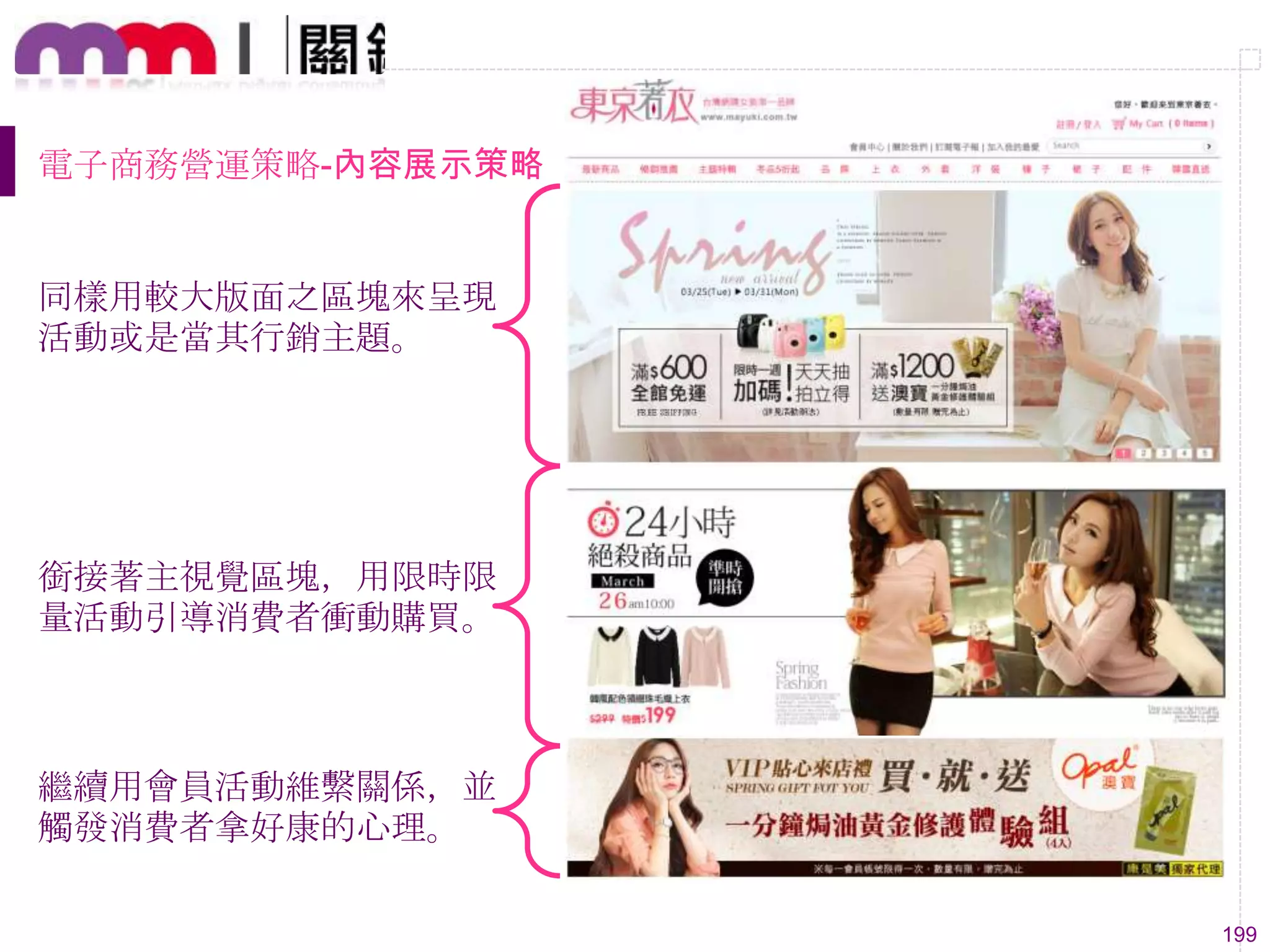 199
電子商務營運策略-內容展示策略
同樣用較大版面之區塊來呈現
活動或是當其行銷主題。
銜接著主視覺區塊，用限時限
量活動引導消費者衝動購買。
繼續用會員活動維繫關係，並
觸發消費者拿好康的心理。
 
