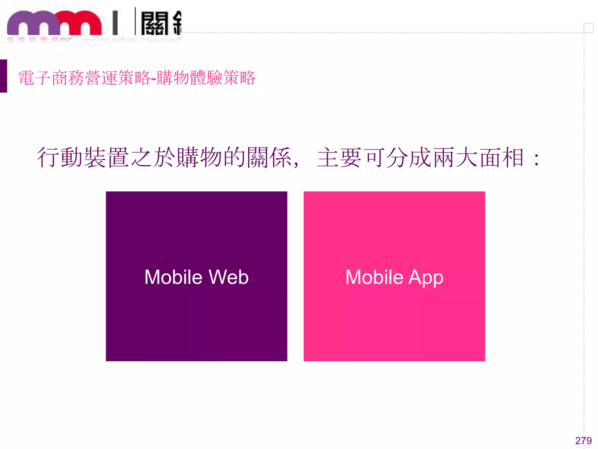 279
電子商務營運策略-購物體驗策略
行動裝置之於購物的關係，主要可分成兩大面相：
Mobile Web Mobile App
 