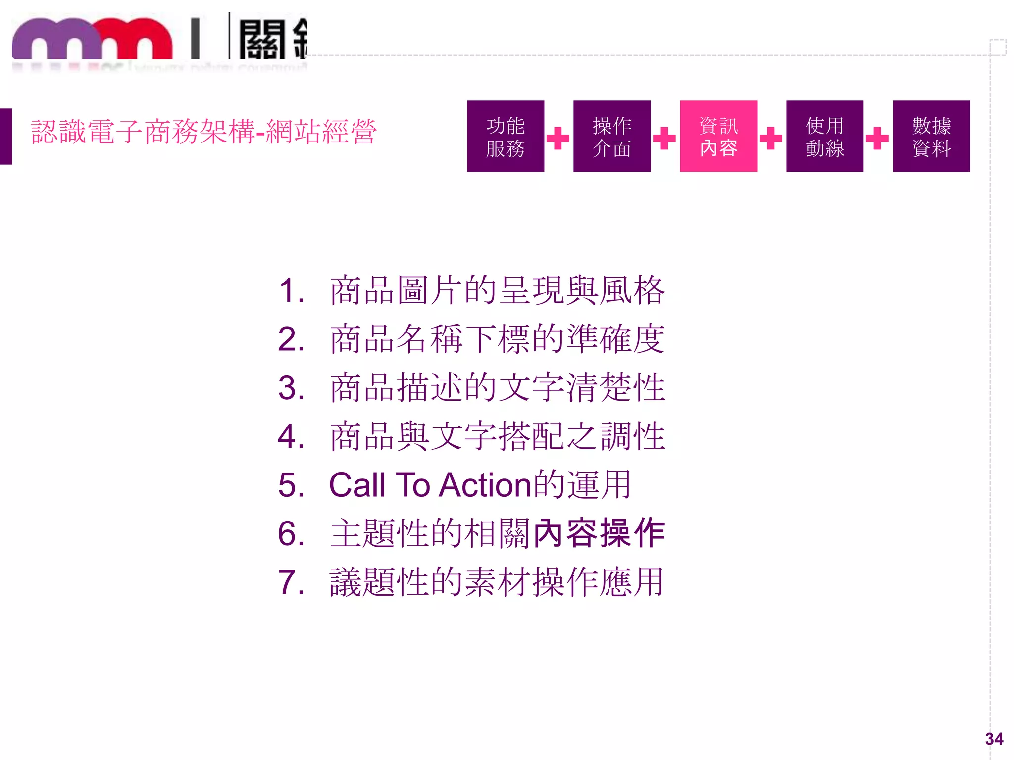 34
認識電子商務架構-網站經營 功能
服務
操作
介面
資訊
內容
使用
動線
數據
資料
1. 商品圖片的呈現與風格
2. 商品名稱下標的準確度
3. 商品描述的文字清楚性
4. 商品與文字搭配之調性
5. Call To Action的運用
6. 主題性的相關內容操作
7. 議題性的素材操作應用
 