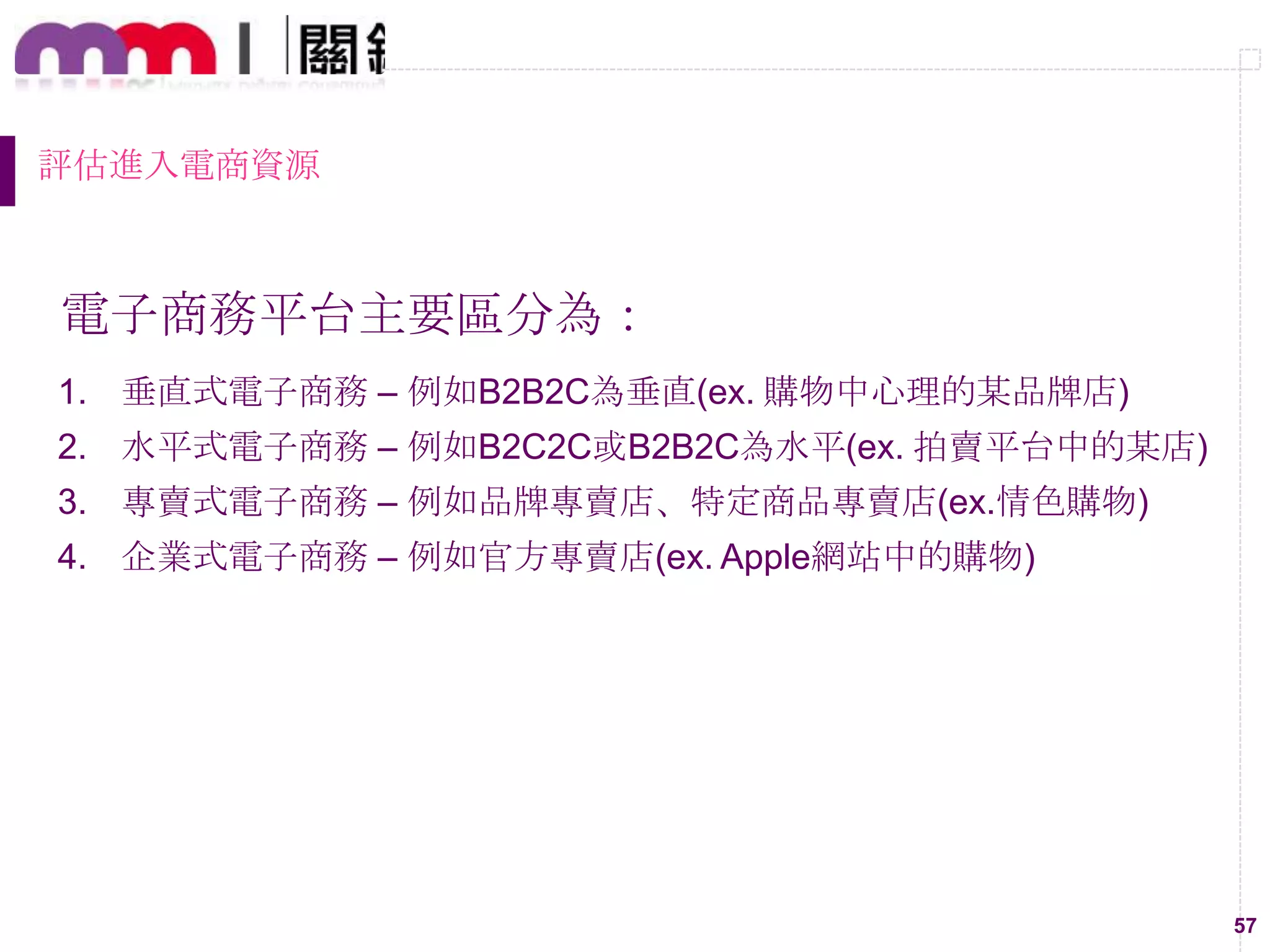 57
評估進入電商資源
電子商務平台主要區分為：
1. 垂直式電子商務 – 例如B2B2C為垂直(ex. 購物中心理的某品牌店)
2. 水平式電子商務 – 例如B2C2C或B2B2C為水平(ex. 拍賣平台中的某店)
3. 專賣式電子商務 – 例如品牌專賣店、特定商品專賣店(ex.情色購物)
4. 企業式電子商務 – 例如官方專賣店(ex. Apple網站中的購物)
 