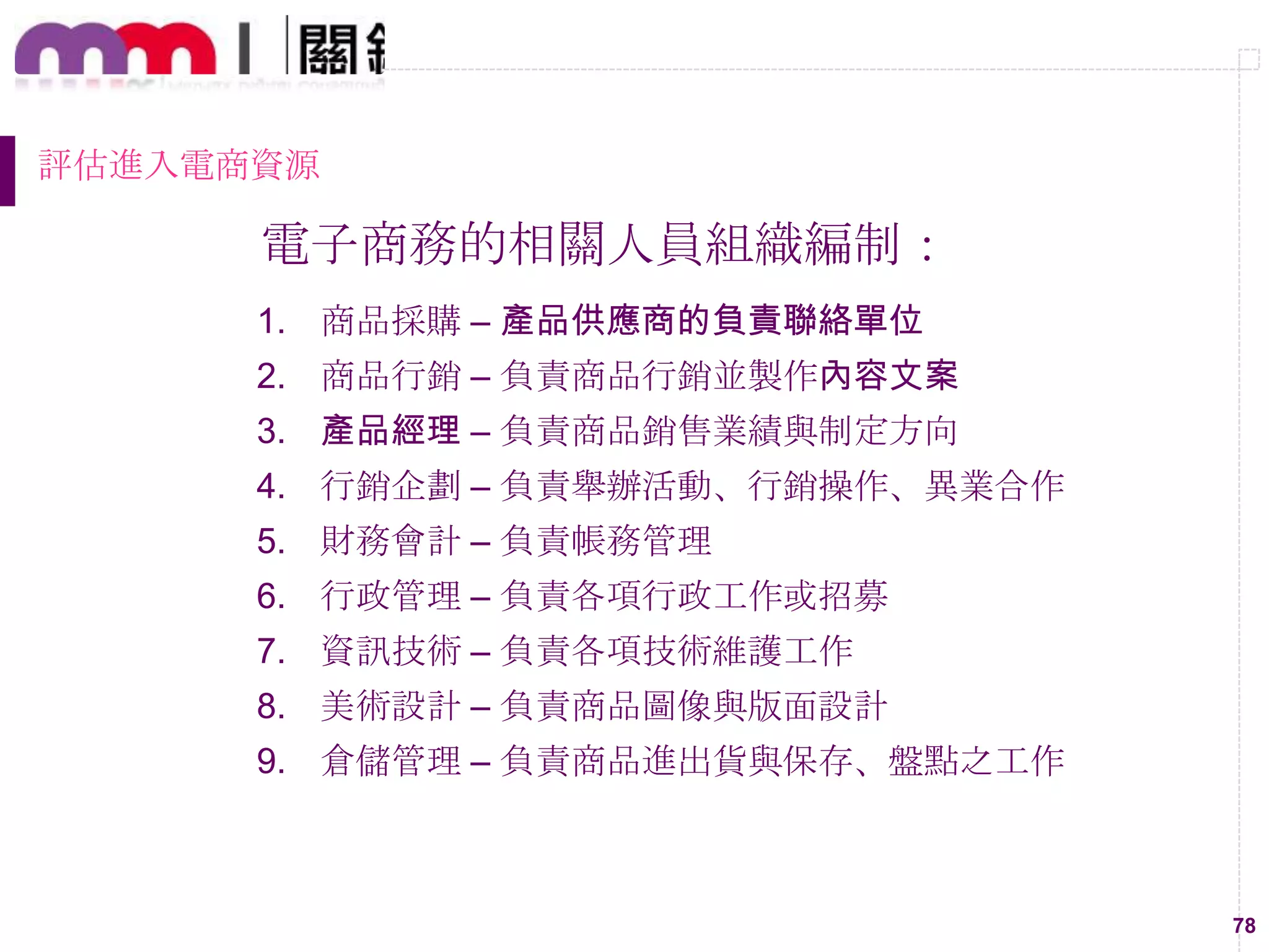 78
評估進入電商資源
電子商務的相關人員組織編制：
1. 商品採購 – 產品供應商的負責聯絡單位
2. 商品行銷 – 負責商品行銷並製作內容文案
3. 產品經理 – 負責商品銷售業績與制定方向
4. 行銷企劃 – 負責舉辦活動、行銷操作、異業合作
5. 財務會計 – 負責帳務管理
6. 行政管理 – 負責各項行政工作或招募
7. 資訊技術 – 負責各項技術維護工作
8. 美術設計 – 負責商品圖像與版面設計
9. 倉儲管理 – 負責商品進出貨與保存、盤點之工作
 
