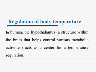 Regulation of body temperature
In human, the hypothalamus (a structure within
the brain that helps control various metabolic
activities) acts as a center for a temperature
regulation.
 
