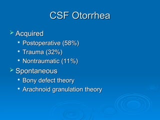 CSF Otorrhea
CSF Otorrhea
 Acquired
Acquired

Postoperative (58%)
Postoperative (58%)

Trauma (32%)
Trauma (32%)

Nontraumatic (11%)
Nontraumatic (11%)
 Spontaneous
Spontaneous

Bony defect theory
Bony defect theory

Arachnoid granulation theory
Arachnoid granulation theory
 