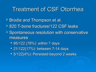 Treatment of CSF Otorrhea
Treatment of CSF Otorrhea
 Brodie and Thompson et al.
Brodie and Thompson et al.
 820 T-bone fractures/122 CSF leaks
820 T-bone fractures/122 CSF leaks
 Spontaneous resolution with conservative
Spontaneous resolution with conservative
measures
measures

95/122 (78%): within 7 days
95/122 (78%): within 7 days

21/122(17%): between 7-14 days
21/122(17%): between 7-14 days

5/122(4%): Persisted beyond 2 weeks
5/122(4%): Persisted beyond 2 weeks
 