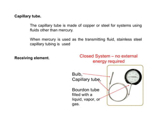 Capillary tube.
The capillary tube is made of copper or steel for systems using
fluids other than mercury.
When mercury is used as the transmitting fluid, stainless steel
capillary tubing is used
Receiving element.
 