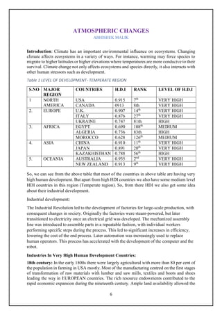 6
ATMOSPHERIC CHANGES
ABHISHEK MALIK
Introduction: Climate has an important environmental influence on ecosystems. Changing
climate affects ecosystems in a variety of ways. For instance, warming may force species to
migrate to higher latitudes or higher elevations where temperatures are more conducive to their
survival. Climate change not only affects ecosystems and species directly, it also interacts with
other human stressors such as development.
Table 1 LEVEL OF DEVELOPMENT- TEMPERATE REGION
S.NO MAJOR
REGION
COUNTRIES H.D.I RANK LEVEL OF H.D.I
1 NORTH
AMERICA
USA 0.915 7th
VERY HIGH
CANADA 0913 8th VERY HIGH
2. EUROPE U.K. 0.907 14th
VERY HIGH
ITALY 0.876 27th
VERY HIGH
UKRAINE 0.747 81th HIGH
3. AFRICA EGYPT 0.690 108th
MEDIUM
ALGERIA 0.736 83th HIGH
MOROCCO 0.628 126th
MEDIUM
4. ASIA CHINA 0.910 11th
VERY HIGH
JAPAN 0.891 20th
VERY HIGH
KAZAKHISTHAN 0.788 56th
HIGH
5. OCEANIA AUSTRALIA 0.935 2nd
VERY HIGH
NEW ZEALAND 0.913 9th
VERY HIGH
So, we can see from the above table that most of the countries in above table are having very
high human development. But apart from high HDI countries we also have some medium level
HDI countries in this region (Temperate region). So, from there HDI we also get some idea
about their industrial development.
Industrial development:
The Industrial Revolution led to the development of factories for large-scale production, with
consequent changes in society. Originally the factories were steam-powered, but later
transitioned to electricity once an electrical grid was developed. The mechanized assembly
line was introduced to assemble parts in a repeatable fashion, with individual workers
performing specific steps during the process. This led to significant increases in efficiency,
lowering the cost of the end process. Later automation was increasingly used to replace
human operators. This process has accelerated with the development of the computer and the
robot.
Industries In Very High Human Development Countries:
18th century: In the early 1800s there were largely agricultural with more than 80 per cent of
the population in farming in USA mostly. Most of the manufacturing centred on the first stages
of transformation of raw materials with lumber and saw mills, textiles and boots and shoes
leading the way in EUROPEAN countries. The rich resource endowments contributed to the
rapid economic expansion during the nineteenth century. Ample land availability allowed the
 
