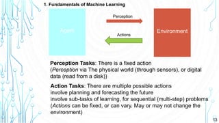 15
13
1. Fundamentals of Machine Learning
Agent Environment
Perception
Actions
Perception Tasks: There is a fixed action
(Perception via The physical world (through sensors), or digital
data (read from a disk))
Action Tasks: There are multiple possible actions
involve planning and forecasting the future
involve sub-tasks of learning, for sequential (multi-step) problems
(Actions can be fixed, or can vary. May or may not change the
environment)
 