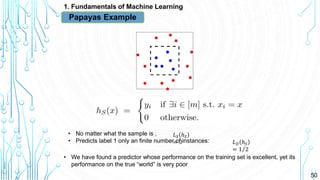 50
1. Fundamentals of Machine Learning
Papayas Example
𝐿 𝐷 ℎ 𝑆
= 1 2
𝐿 𝑆 ℎ 𝑆
= 0
• No matter what the sample is ,
• Predicts label 1 only an finite number of instances:
• We have found a predictor whose performance on the training set is excellent, yet its
performance on the true “world” is very poor
 