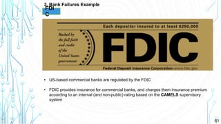 61
3. Bank Failures Example
FDI
C
• US-based commercial banks are regulated by the FDIC
• FDIC provides insurance for commercial banks, and charges them insurance premium
according to an internal (and non-public) rating based on the CAMELS supervisory
system
 