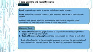 77
4. Deep Learning and Neural Networks
 Depth
Depth enables the computer to learn a multistep computer program
Layer: state of the computer’s memory after executing another set of instructions in
parallel
Networks with greater depth can execute more instructions in sequence. (later
instructions can refer back to the results of earlier instructions.
Measuring Depth
1. Depth of computational graph: number of sequential instructions (length of the
longest path through a flow chart)
2. Depth of the concepts graph: describing how concepts are related to each other.
• Depth of the flowchart of the computations needed to compute the representation of
each concept may be much deeper than the graph of the concepts themselves
 