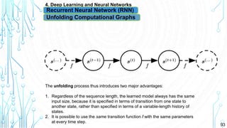93
4. Deep Learning and Neural Networks
Unfolding Computational Graphs
The unfolding process thus introduces two major advantages:
1. Regardless of the sequence length, the learned model always has the same
input size, because it is specified in terms of transition from one state to
another state, rather than specified in terms of a variable-length history of
states.
2. It is possible to use the same transition function f with the same parameters
at every time step.
Recurrent Neural Network (RNN)
 