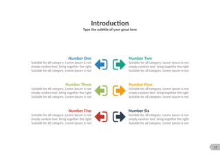 12
Introduction
Type the subtitle of your great here
Number One
Suitable for all category, Lorem Ipsum is not
simply random text. bring together the right
Suitable for all category, Lorem Ipsum is not
Number Three
Suitable for all category, Lorem Ipsum is not
simply random text. bring together the right
Suitable for all category, Lorem Ipsum is not
Number Five
Suitable for all category, Lorem Ipsum is not
simply random text. bring together the right
Suitable for all category, Lorem Ipsum is not
Number Two
Suitable for all category, Lorem Ipsum is not
simply random text. bring together the right
Suitable for all category, Lorem Ipsum is not
Number Four
Suitable for all category, Lorem Ipsum is not
simply random text. bring together the right
Suitable for all category, Lorem Ipsum is not
Number Six
Suitable for all category, Lorem Ipsum is not
simply random text. bring together the right
Suitable for all category, Lorem Ipsum is not
 