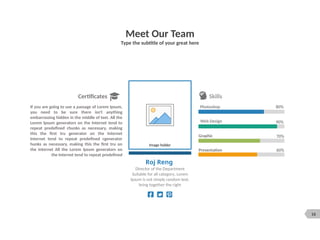 16
Meet Our Team
Type the subtitle of your great here
Image holder
Roj Reng
Director of the Department
Suitable for all category, Lorem
Ipsum is not simply random text.
bring together the right
Photoshop 80%
Web Design 90%
Graphic 70%
Presentation 60%
Skills
If you are going to use a passage of Lorem Ipsum,
you need to be sure there isn't anything
embarrassing hidden in the middle of text. All the
Lorem Ipsum generators on the Internet tend to
repeat predefined chunks as necessary, making
this the first tru generator on the Internet
Internet tend to repeat predefined cgenerator
hunks as necessary, making this the first tru on
the Internet All the Lorem Ipsum generators on
the Internet tend to repeat predefined
Certificates
 