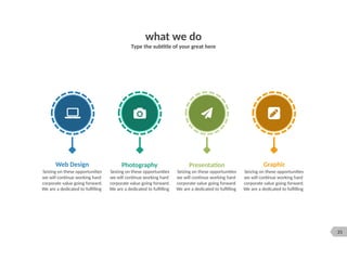 21
what we do
Type the subtitle of your great here
Web Design
Seizing on these opportunities
we will continue working hard
corporate value going forward.
We are a dedicated to fulfilling
Photography
Seizing on these opportunities
we will continue working hard
corporate value going forward.
We are a dedicated to fulfilling
Presentation
Seizing on these opportunities
we will continue working hard
corporate value going forward.
We are a dedicated to fulfilling
Graphic
Seizing on these opportunities
we will continue working hard
corporate value going forward.
We are a dedicated to fulfilling
 