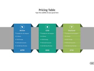 22
Pricing Table
Type the subtitle of your great here
20 Email Accounts
Suitable for all category
2 Clients
1GB Storage
10 MB Max File Size
30 Email Accounts
Suitable for all category
4 Clients
2GB Storage
20 MB Max File Size
40Email Accounts
Suitable for all category
6 Clients
6GB Storage
30 MB Max File Size
Bronze Gold Diamond
$250 $500 $700
 