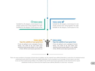47
TERM HERE
Suitable for all category, Lorem Ipsum is not
simply random text. bring together the right
Suitable for all category, Lorem Ipsum is not
TERM HERE
Suitable for all category, Lorem Ipsum is not
simply random text. bring together the right
Suitable for all category, Lorem Ipsum is not
There are many variations of passages of lorem ipsum available, but the majority have suffered alteration in some form, by injected humour
randomized words which don't look even slightly believable. If you are going to use A passage of lorem ipsum, you need
to be sure there embarrassing hidden in the middle of text. All the lorem ipsum generators on the internet tend to repeat
predefined chunks as of lorem but the majority have suffered alteration in some form necessary.
TERM HERE
Type the subtitle of your great here
If you are going to use a passage of Lorem
Ipsum, you need to be sure there isn't
anything embarrassing hidden in the middle
of text. All the Lorem Ipsum generators on
TERM HERE
Type the subtitle of your great here
If you are going to use a passage of Lorem
Ipsum, you need to be sure there isn't
anything embarrassing hidden in the middle
of text. All the Lorem Ipsum generators on
 