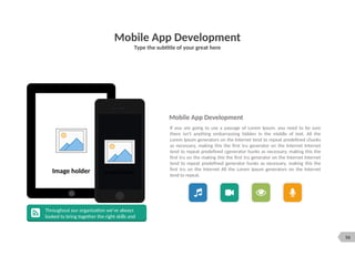 56
Image holder
Mobile App Development
Type the subtitle of your great here
Image holder
Mobile App Development
If you are going to use a passage of Lorem Ipsum, you need to be sure
there isn't anything embarrassing hidden in the middle of text. All the
Lorem Ipsum generators on the Internet tend to repeat predefined chunks
as necessary, making this the first tru generator on the Internet Internet
tend to repeat predefined cgenerator hunks as necessary, making this the
first tru on the making this the first tru generator on the Internet Internet
tend to repeat predefined generator hunks as necessary, making this the
first tru on the Internet All the Lorem Ipsum generators on the Internet
tend to repeat.
Throughout our organization we’ve always
looked to bring together the right skills and
 
