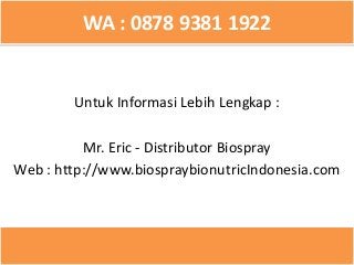 WA : 0878 9381 1922
Untuk Informasi Lebih Lengkap :
Mr. Eric - Distributor Biospray
Web : http://www.biospraybionutricIndonesia.com
 
