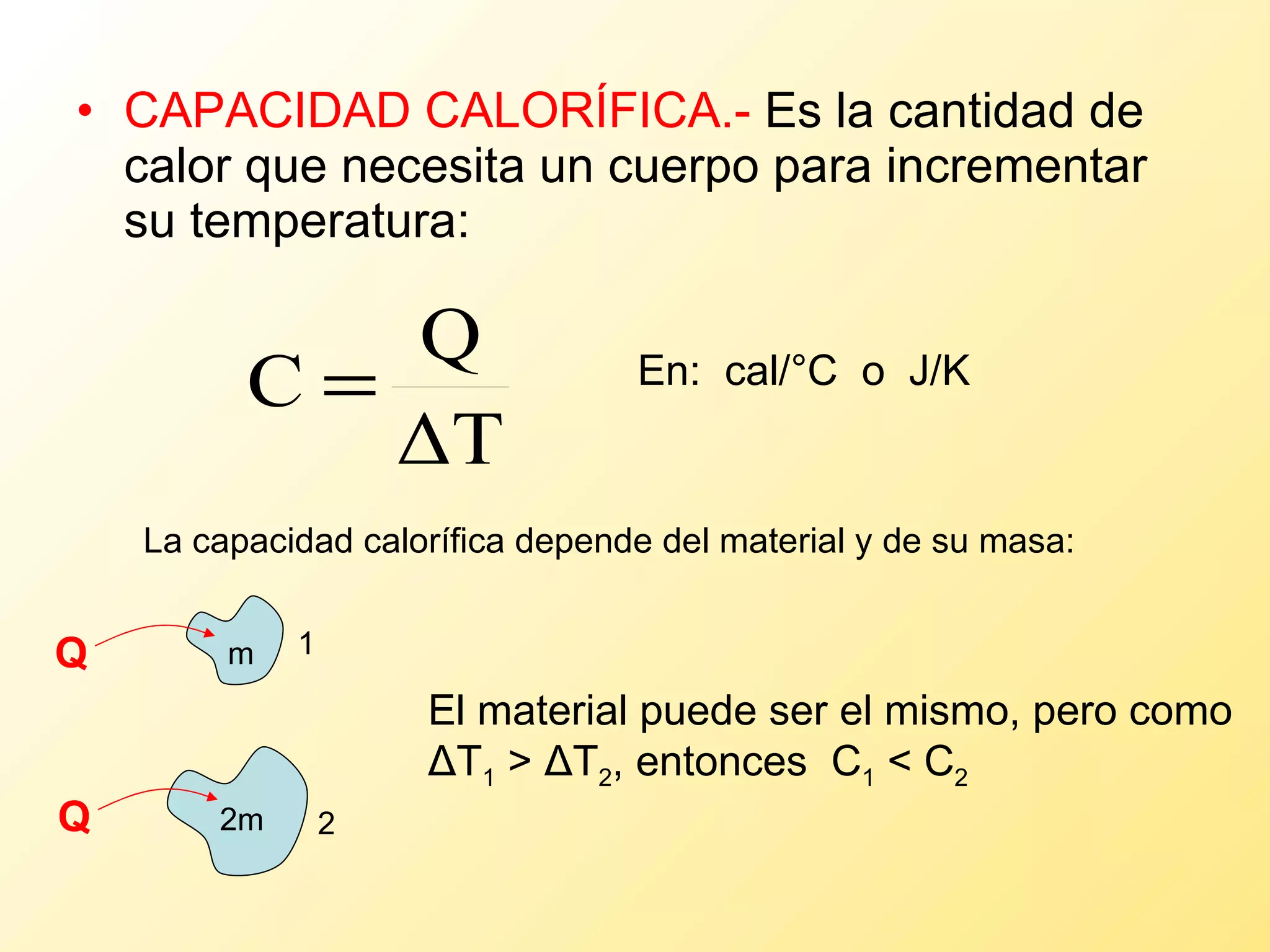 CAPACIDAD CALORÍFICA.-  Es la cantidad de calor que necesita un cuerpo para incrementar su temperatura: En:  cal/°C  o  J/K La capacidad calorífica depende del material y de su masa: El material puede ser el mismo, pero como Δ T 1  >   Δ T 2 ,  entonces  C 1  < C 2 m 2m 1 2 Q Q 