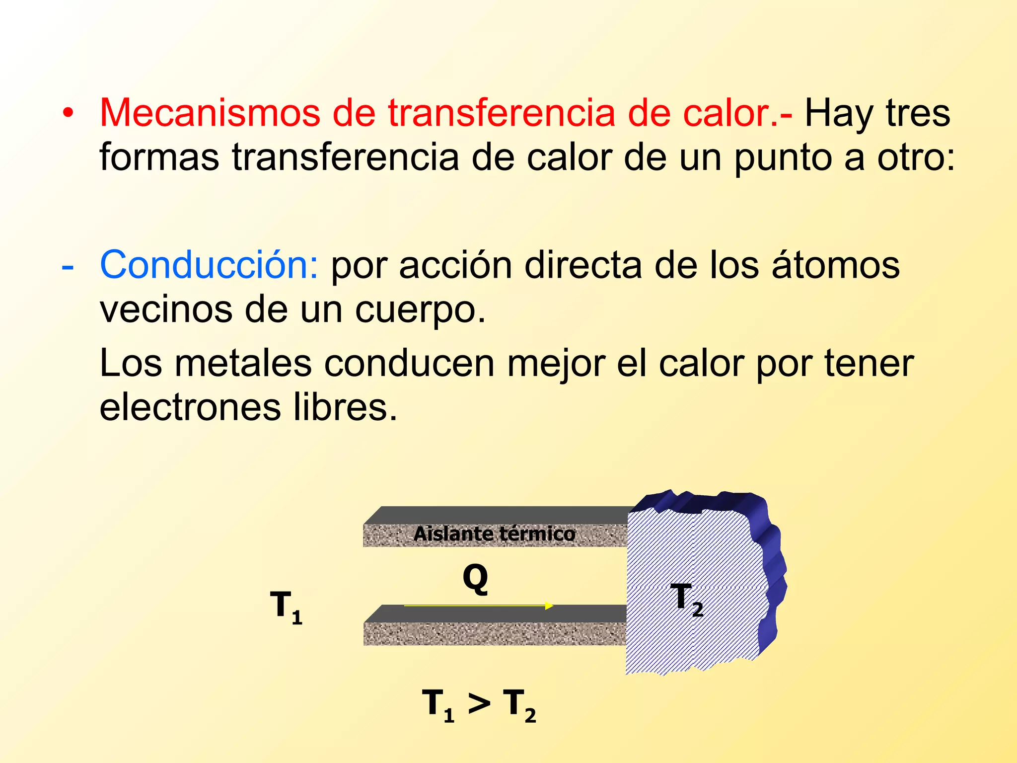 Mecanismos de transferencia de calor.-  Hay tres formas transferencia de calor de un punto a otro: Conducción:  por acción directa de los átomos vecinos de un cuerpo. Los metales conducen mejor el calor por tener electrones libres. T 2 T 1 Q Aislante térmico T 1  > T 2 