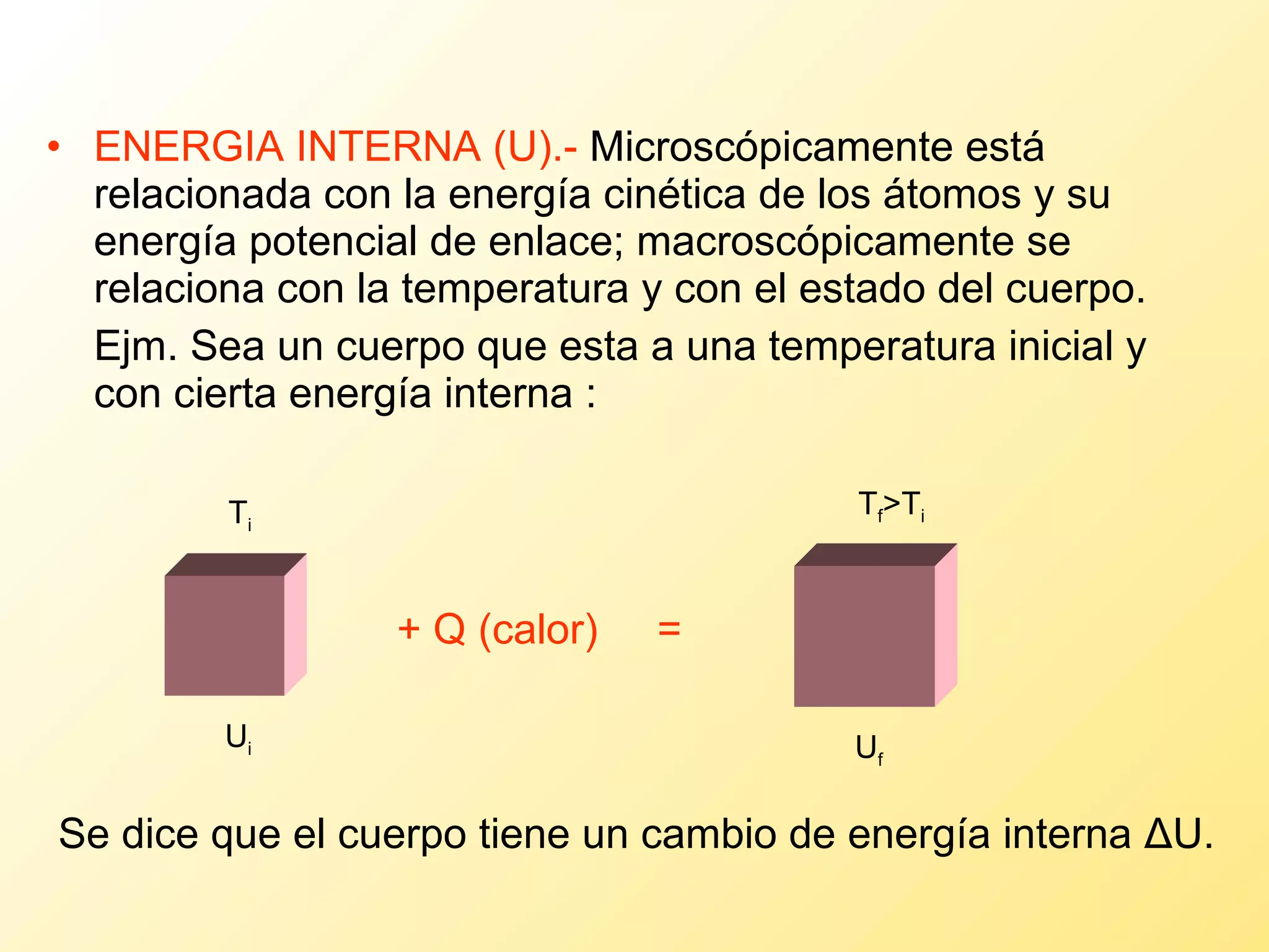 ENERGIA INTERNA (U).-  Microscópicamente está relacionada con la energía cinética de los átomos y su energía potencial de enlace; macroscópicamente se relaciona con la temperatura y con el estado del cuerpo.  Ejm. Sea un cuerpo que esta a una temperatura inicial y con cierta energía interna : T i U i T f >T i U f + Q (calor)  = Se dice que el cuerpo tiene un cambio de energía interna  Δ U. 