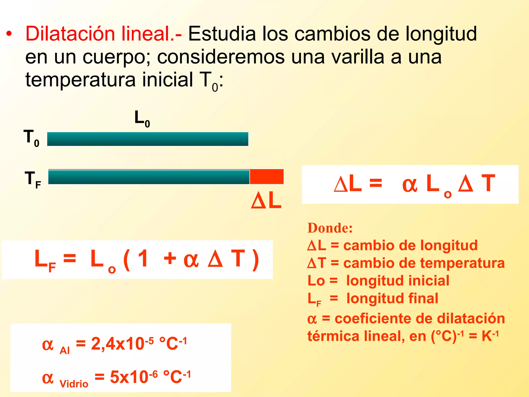 Dilatación lineal.-  Estudia los cambios de longitud en un cuerpo; consideremos una varilla a una temperatura inicial T 0 : L   =    L   o      T  L F  =  L   o  ( 1  +      T  )   Donde:    L = cambio de longitud  T = cambio de temperatura Lo =  longitud inicial L F   =  longitud final    = coeficiente de dilatación térmica lineal, en (°C) -1  = K -1  L  T F T 0 L 0    Al  = 2,4x10 -5  °C -1      Vidrio  = 5x10 -6  °C -1   