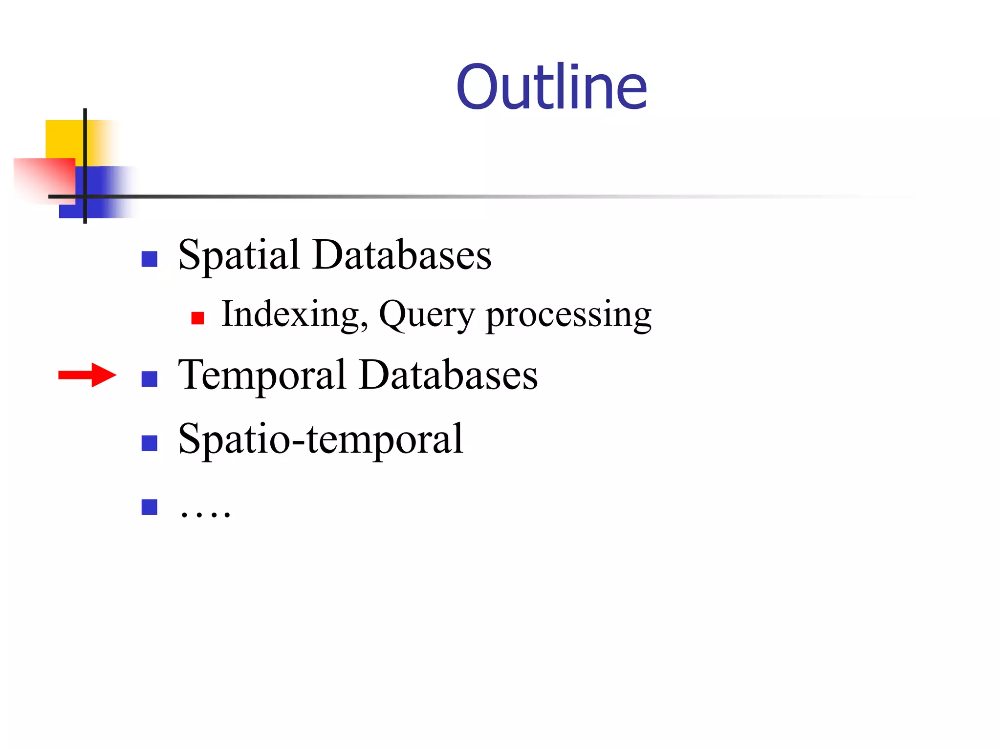 Outline
 Spatial Databases
 Indexing, Query processing
 Temporal Databases
 Spatio-temporal
 ….
 