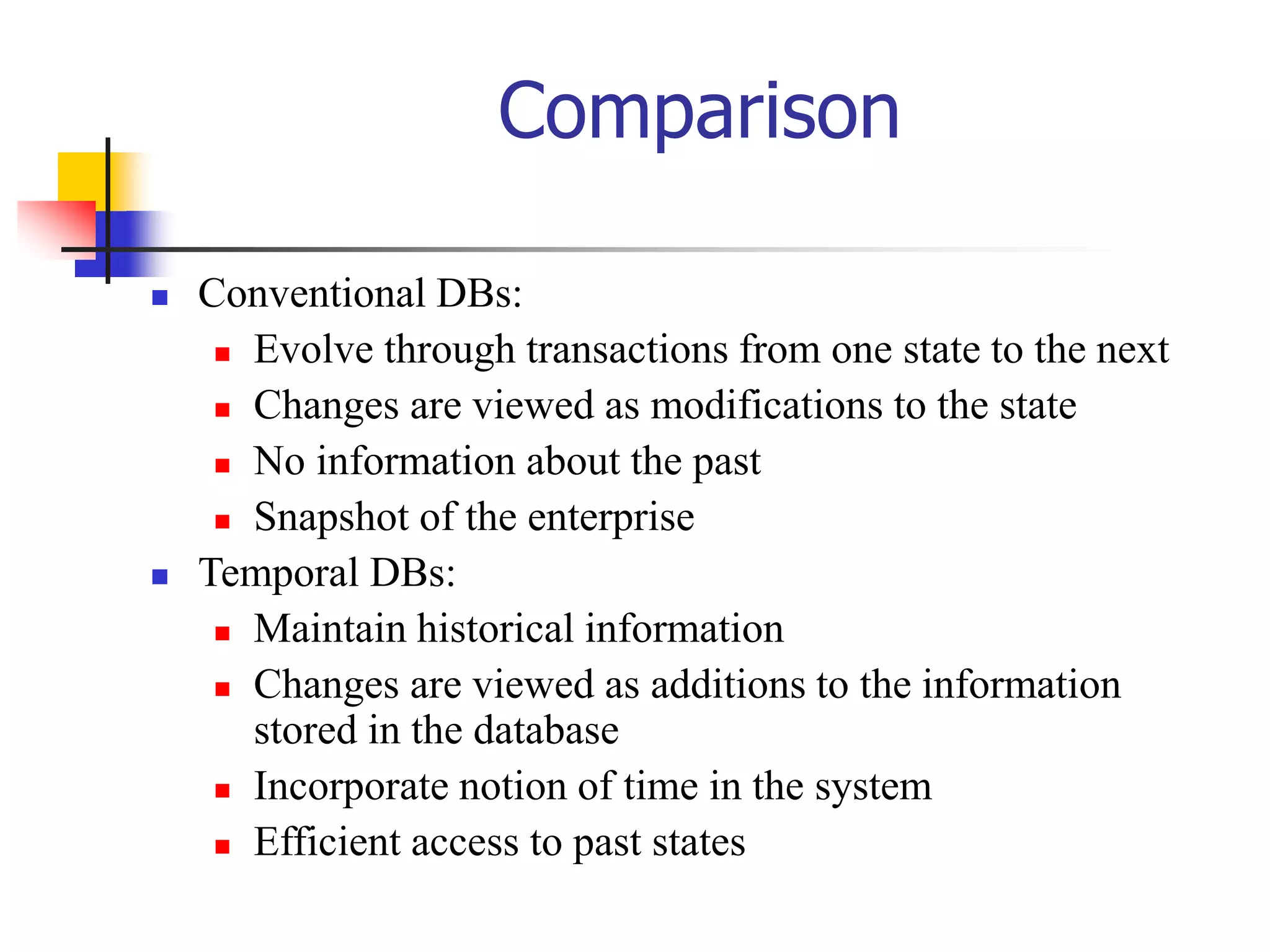 Comparison
 Conventional DBs:
 Evolve through transactions from one state to the next
 Changes are viewed as modifications to the state
 No information about the past
 Snapshot of the enterprise
 Temporal DBs:
 Maintain historical information
 Changes are viewed as additions to the information
stored in the database
 Incorporate notion of time in the system
 Efficient access to past states
 