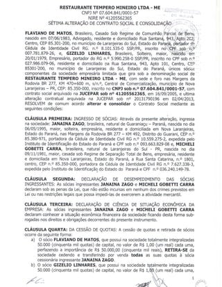7ª alteração Contrato Social do Restaurante Tempero Mineiro 