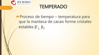 TEMPERADO
Proceso de tiempo – temperatura para
que la manteca de cacao forme cristales
estables β’1, β2
 
