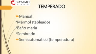 TEMPERADO
Manual
*Mármol (tableado)
*Baño maría
*Sembrado
Semiautomático (temperadora)
 