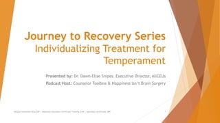 Journey to Recovery Series
Individualizing Treatment for
Temperament
Presented by: Dr. Dawn-Elise Snipes Executive Director, AllCEUs
Podcast Host: Counselor Toolbox & Happiness isn’t Brain Surgery
AllCEUs Unlimited CEUs $59 | Addiction Counselor Certificate Training $149 | Specialty Certificates $89 1
 