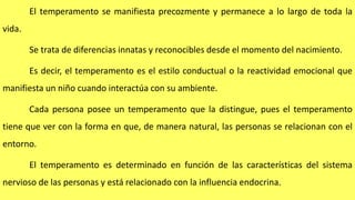 El temperamento se manifiesta precozmente y permanece a lo largo de toda la
vida.
Se trata de diferencias innatas y reconocibles desde el momento del nacimiento.
Es decir, el temperamento es el estilo conductual o la reactividad emocional que
manifiesta un niño cuando interactúa con su ambiente.
Cada persona posee un temperamento que la distingue, pues el temperamento
tiene que ver con la forma en que, de manera natural, las personas se relacionan con el
entorno.
El temperamento es determinado en función de las características del sistema
nervioso de las personas y está relacionado con la influencia endocrina.
 
