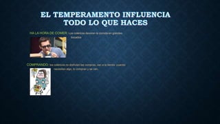 HA LA HORA DE COMER: Los coléricos devoran la comida en grandes
bocados
COMPRANDO: los coléricos no disfrutan las compras, van a la tienda cuando
necesitan algo, lo compran y se van.
 